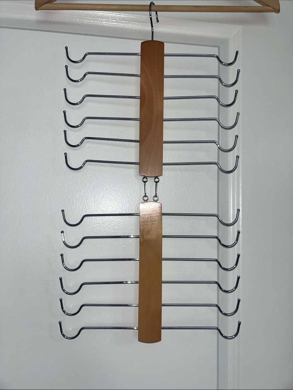 Multi-Tier Wooden and Chrome Scarf or Belt Organizer - Natural Wood